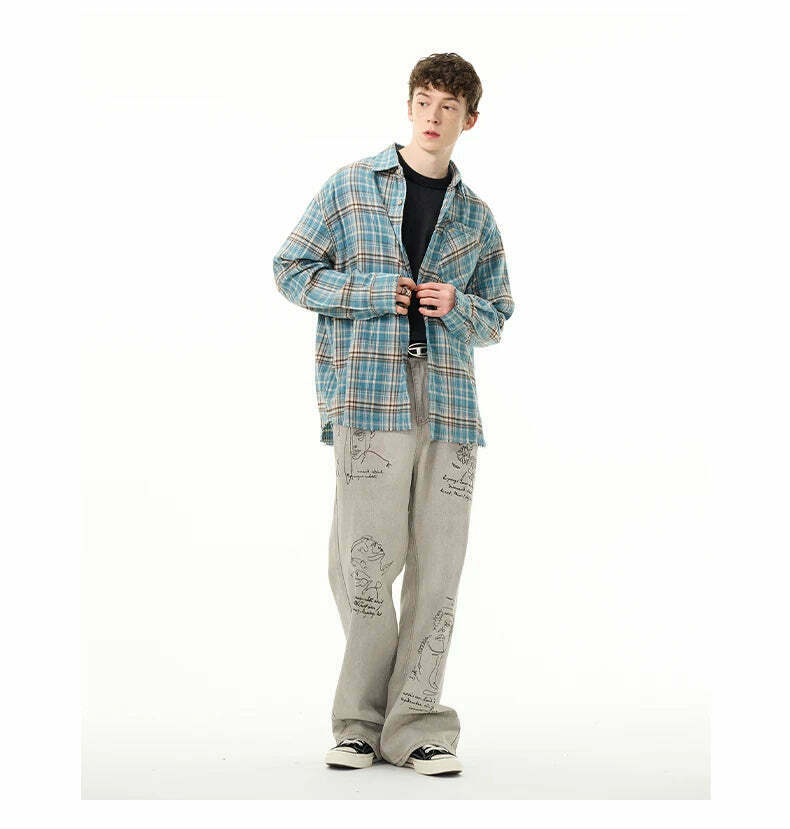 Y2K Grunge Style Distressed Hem Blue Plaid Shirt for Women - Coquette Aesthetic Fashion Y2K Grunge Style Distressed Hem Blue Plaid Shirt for Women - Coquette Aesthetic Fashion