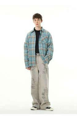 Y2K Grunge Style Distressed Hem Blue Plaid Shirt for Women - Coquette Aesthetic Fashion