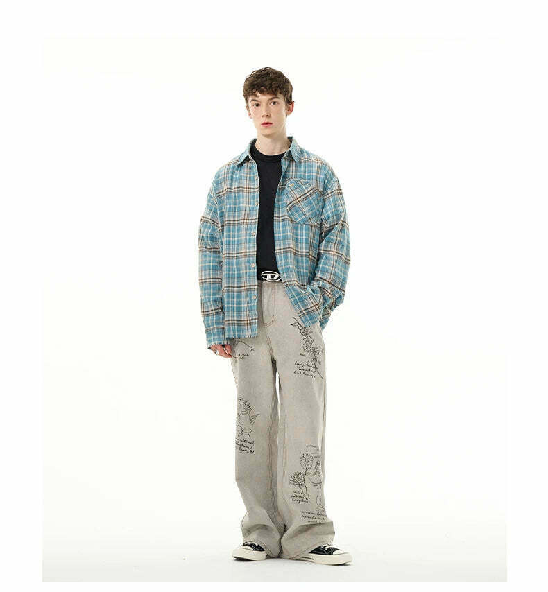 Y2K Grunge Style Distressed Hem Blue Plaid Shirt for Women - Coquette Aesthetic Fashion Y2K Grunge Style Distressed Hem Blue Plaid Shirt for Women - Coquette Aesthetic Fashion