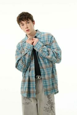 Y2K Grunge Style Distressed Hem Blue Plaid Shirt for Women - Coquette Aesthetic Fashion