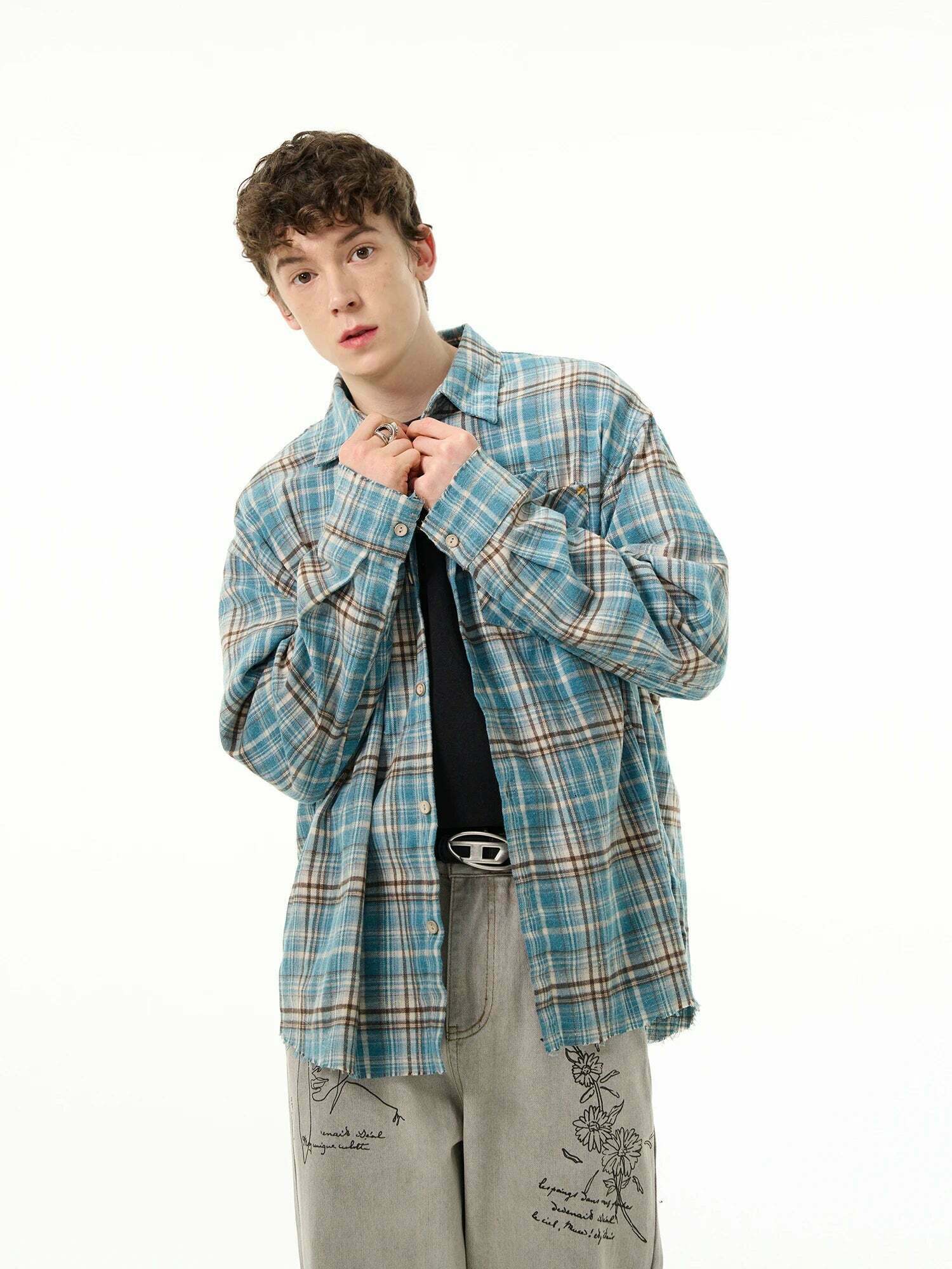 Y2K Grunge Style Distressed Hem Blue Plaid Shirt for Women - Coquette Aesthetic Fashion Y2K Grunge Style Distressed Hem Blue Plaid Shirt for Women - Coquette Aesthetic Fashion