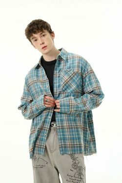 Y2K Grunge Style Distressed Hem Blue Plaid Shirt for Women - Coquette Aesthetic Fashion