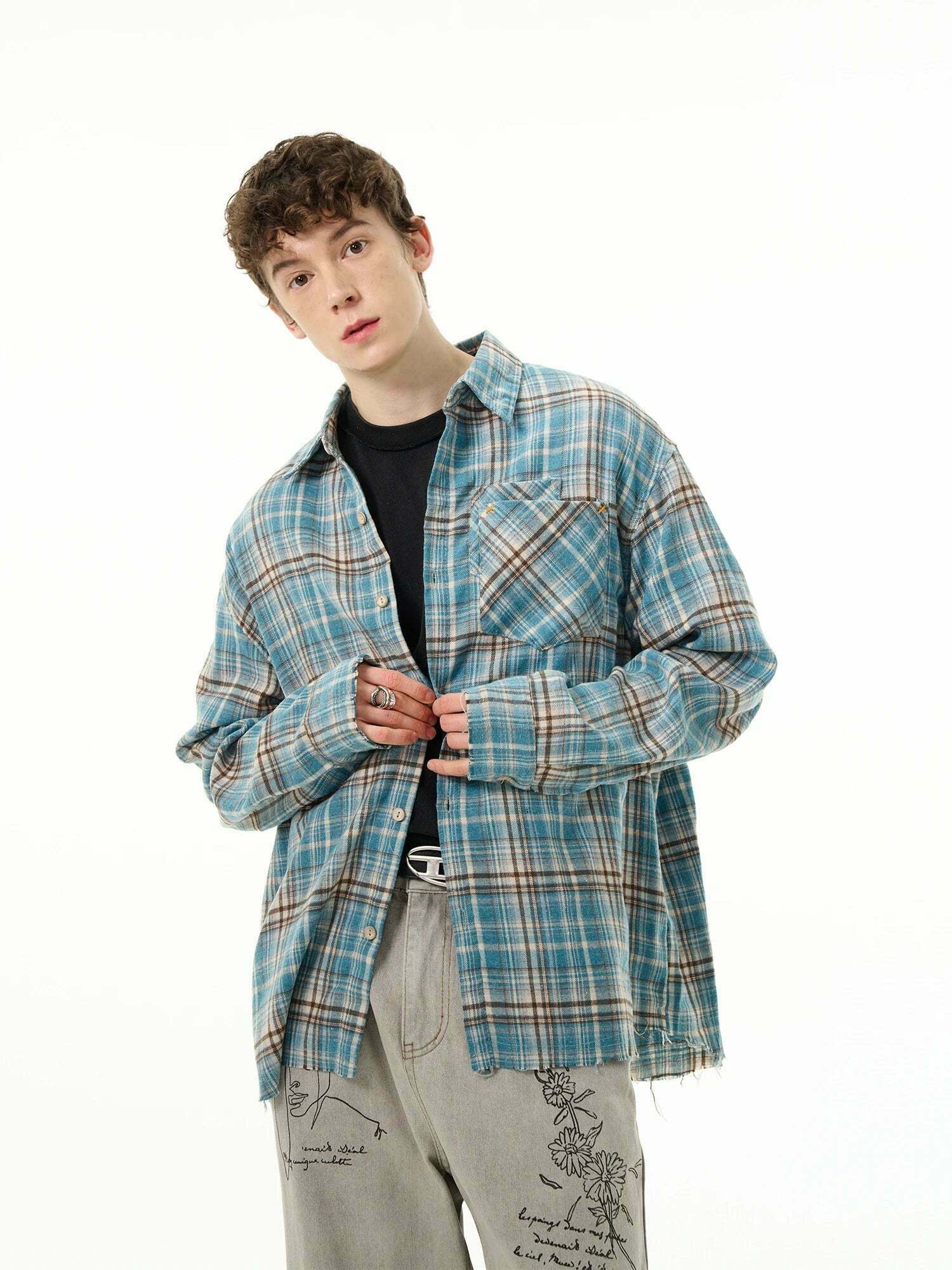 Y2K Grunge Style Distressed Hem Blue Plaid Shirt for Women - Coquette Aesthetic Fashion Y2K Grunge Style Distressed Hem Blue Plaid Shirt for Women - Coquette Aesthetic Fashion