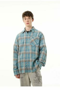 Y2K Grunge Style Distressed Hem Blue Plaid Shirt for Women - Coquette Aesthetic Fashion