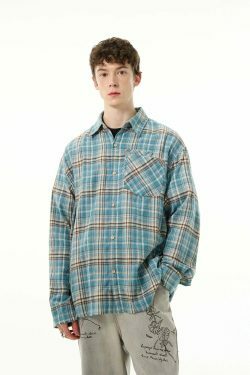 Y2K Grunge Style Distressed Hem Blue Plaid Shirt for Women - Coquette Aesthetic Fashion