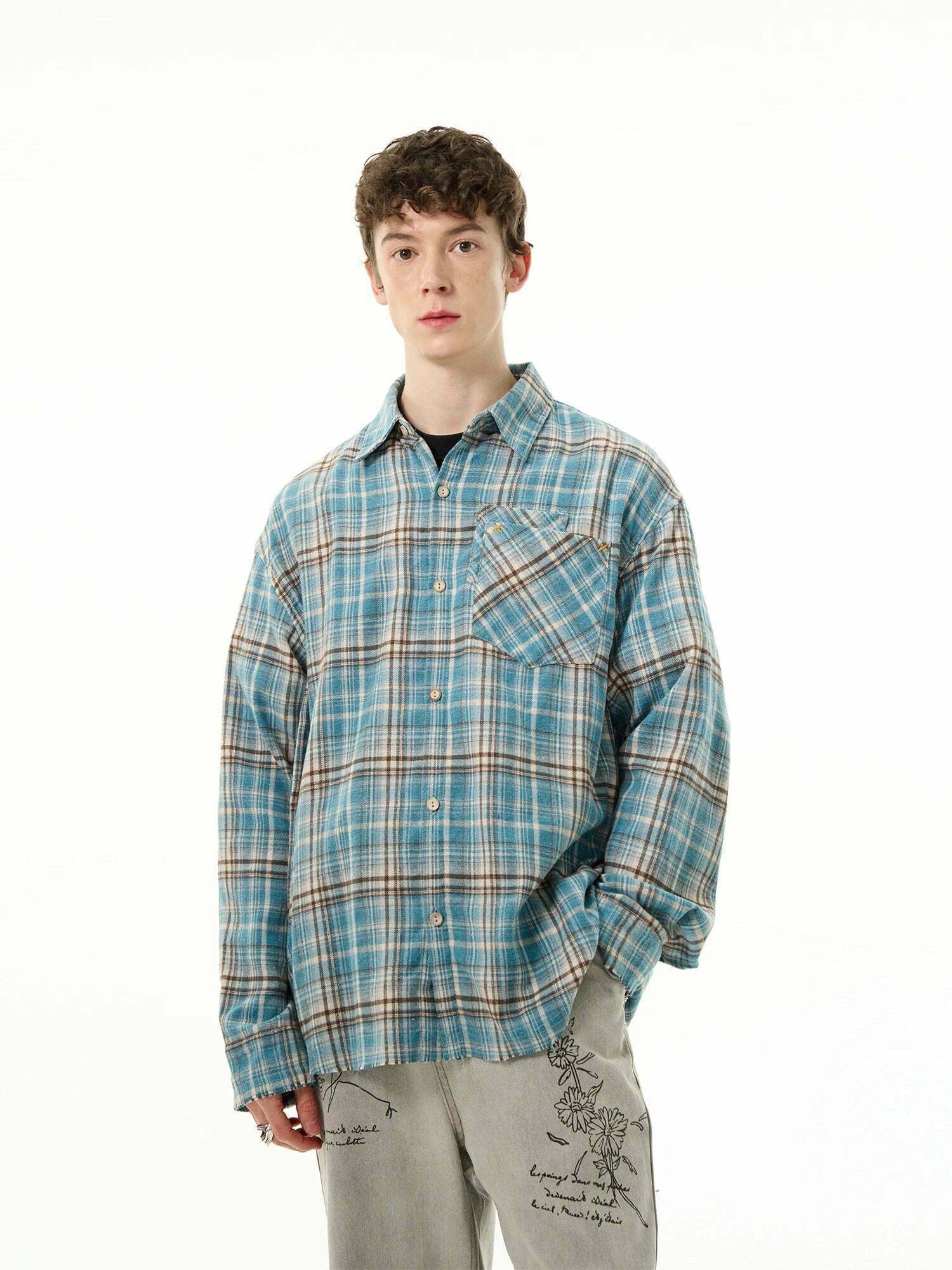 Y2K Grunge Style Distressed Hem Blue Plaid Shirt for Women - Coquette Aesthetic Fashion Y2K Grunge Style Distressed Hem Blue Plaid Shirt for Women - Coquette Aesthetic Fashion