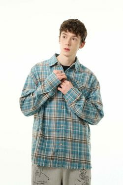 Y2K Grunge Style Distressed Hem Blue Plaid Shirt for Women - Coquette Aesthetic Fashion