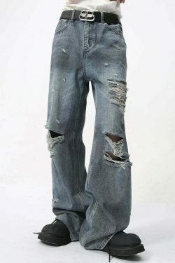 Y2K Grunge Style Distressed Loose Straight Jeans for Women - Coquette Aesthetic Fashion