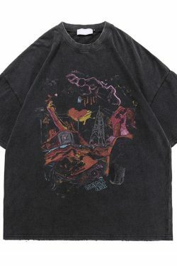 Y2K Grunge Style Oversize Tee in 'Destruction' Wash - Coquette Aesthetic Top for Women