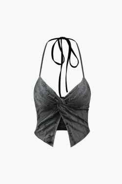 Y2K Grunge Twist Halter Top with Distressed Detail - Vintage Aesthetic Fashion