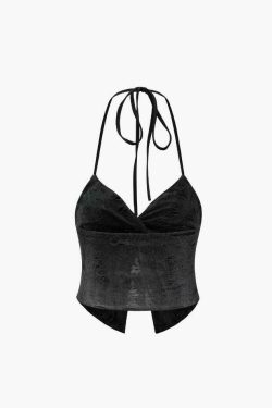 Y2K Grunge Twist Halter Top with Distressed Detail - Vintage Aesthetic Fashion