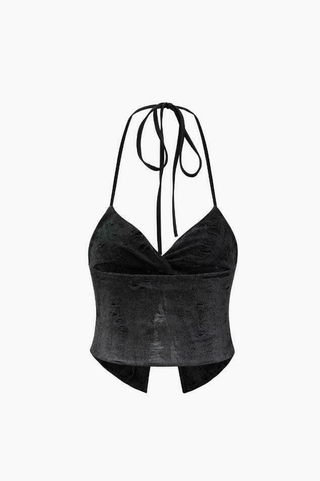 Y2K Grunge Twist Halter Top with Distressed Detail - Vintage Aesthetic Fashion