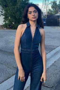 Y2K Halter Neck Denim Jumpsuit: Coquette Aesthetic Grunge Style Cargo Skirt Outfit