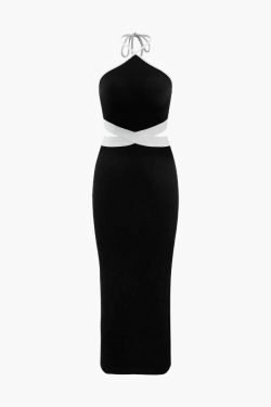 Y2K Halter Neck Rib Knit Midi Dress - Coquette Aesthetic, Grunge Style