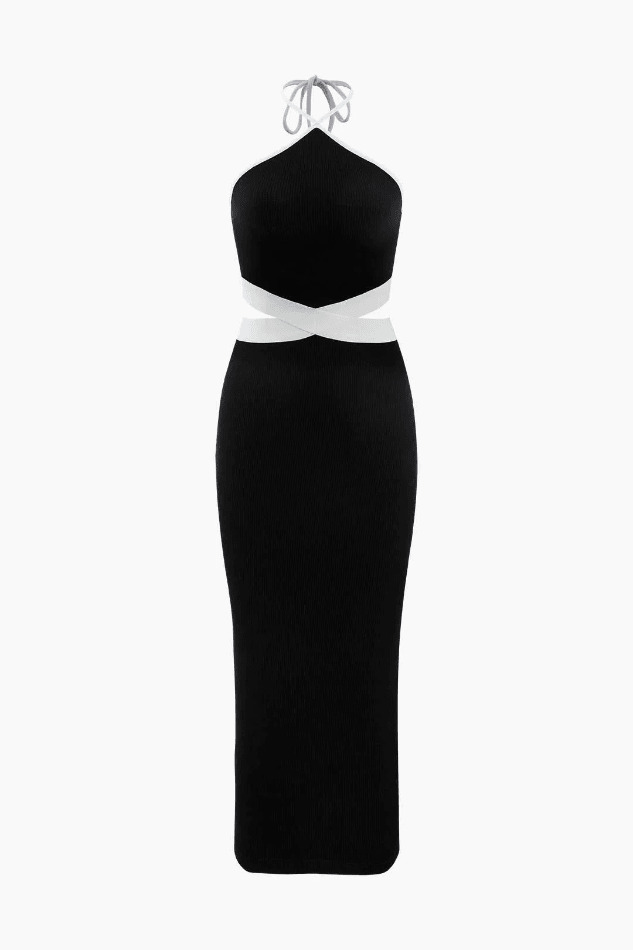 Y2K Halter Neck Rib Knit Midi Dress - Coquette Aesthetic, Grunge Style