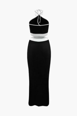Y2K Halter Neck Rib Knit Midi Dress - Coquette Aesthetic, Grunge Style