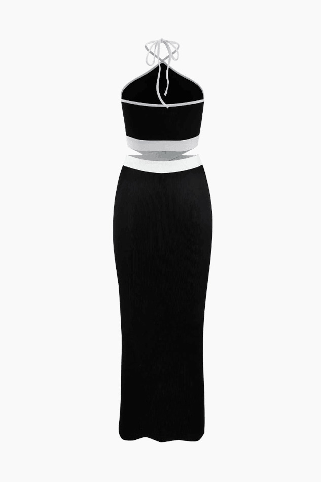 Y2K Halter Neck Rib Knit Midi Dress - Coquette Aesthetic, Grunge Style