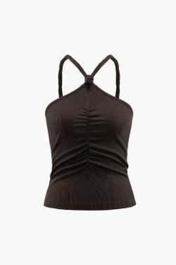 Y2K Halter Neck Ruched Cami Top - Coquette Aesthetic Grunge Style Cute Tops Pastel Goth Fashion