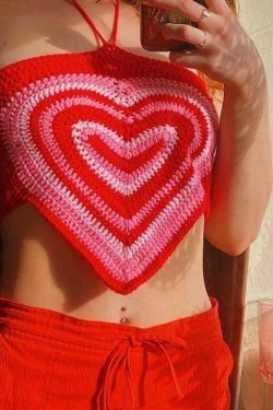 Y2K Heart Knit Crop Top - Coquette Aesthetic Grunge Style Cute Tops Pastel Goth Fashion