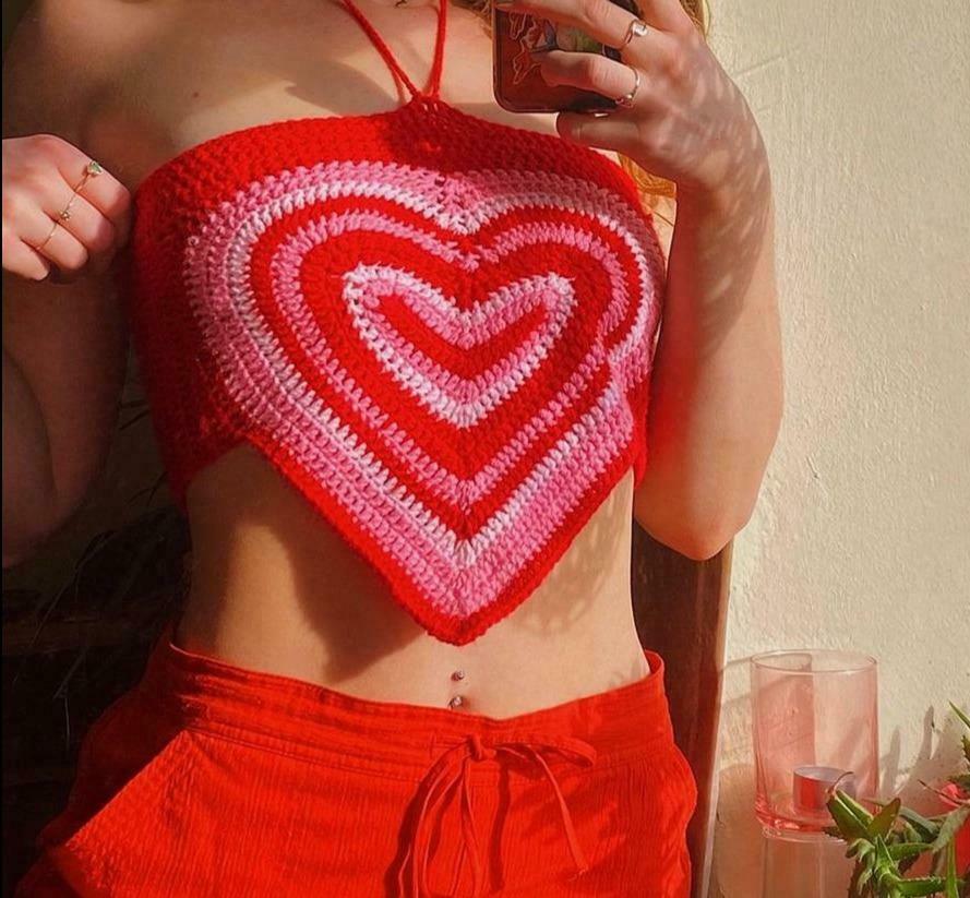 Y2K Heart Knit Crop Top - Coquette Aesthetic Grunge Style Cute Tops Pastel Goth Fashion Y2K Heart Knit Crop Top - Coquette Aesthetic Grunge Style Cute Tops Pastel Goth Fashion
