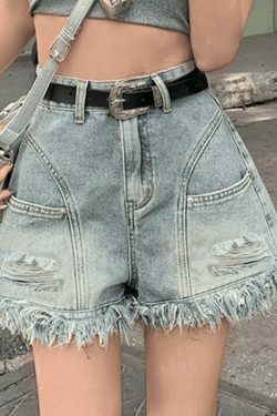 Y2K High Waist Tassel Denim Shorts - Coquette Aesthetic Grunge Style Cute Cargo Skirt