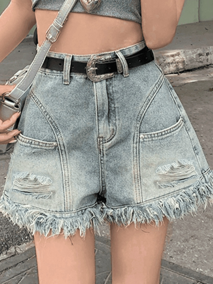 Y2K High Waist Tassel Denim Shorts - Coquette Aesthetic Grunge Style Cute Cargo Skirt