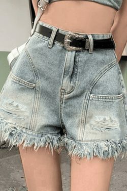 Y2K High Waist Tassel Denim Shorts - Coquette Aesthetic Grunge Style Cute Cargo Skirt
