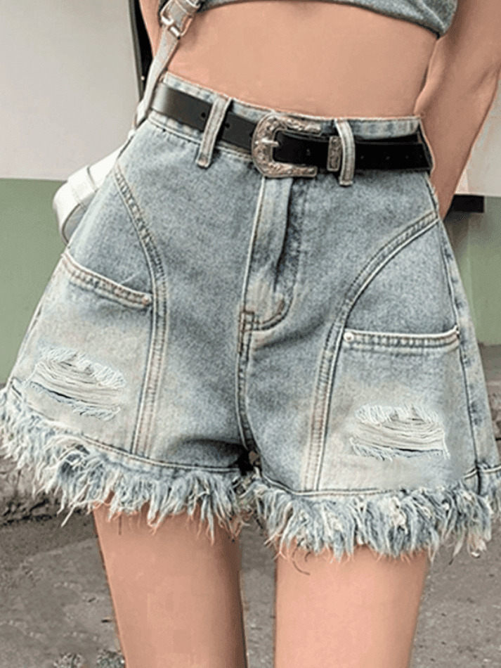 Y2K High Waist Tassel Denim Shorts - Coquette Aesthetic Grunge Style Cute Cargo Skirt