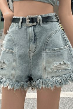Y2K High Waist Tassel Denim Shorts - Coquette Aesthetic Grunge Style Cute Cargo Skirt
