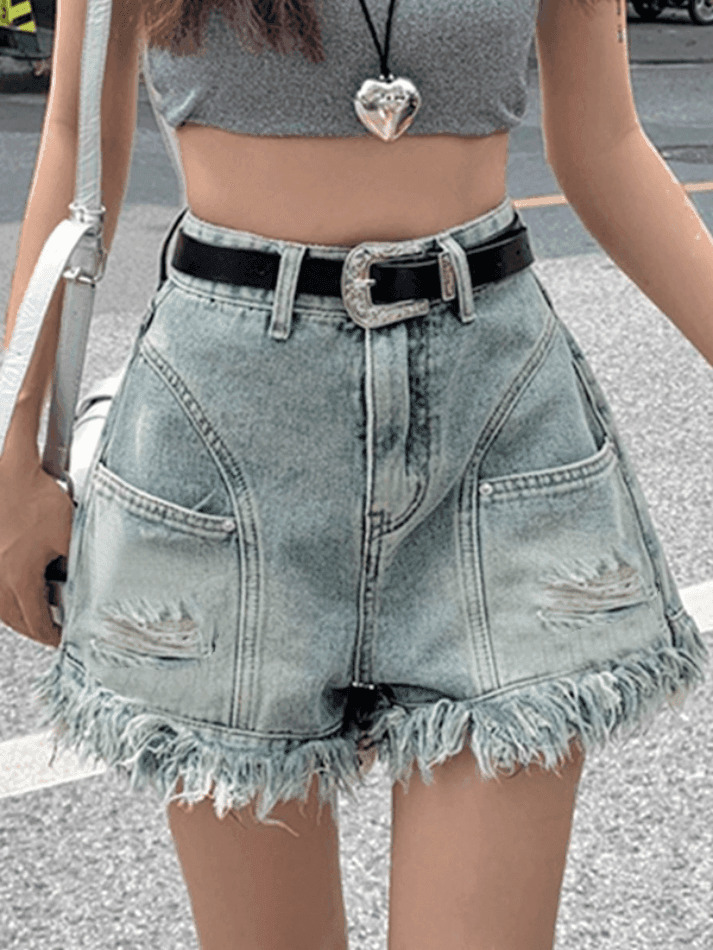 Y2K High Waist Tassel Denim Shorts - Coquette Aesthetic Grunge Style Cute Cargo Skirt