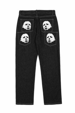 Y2K Horror Print Wide Leg Jeans - Coquette Aesthetic Grunge Fashion