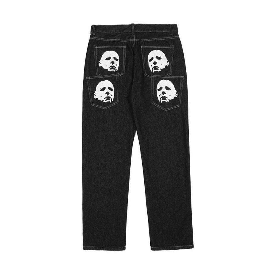 Y2K Horror Print Wide Leg Jeans - Coquette Aesthetic Grunge Fashion Y2K Horror Print Wide Leg Jeans - Coquette Aesthetic Grunge Fashion