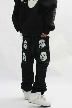 Y2K Horror Print Wide Leg Jeans - Coquette Aesthetic Grunge Fashion