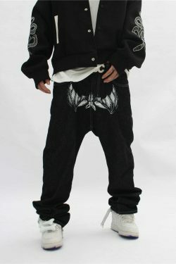 Y2K Horror Print Wide Leg Jeans - Coquette Aesthetic Grunge Fashion