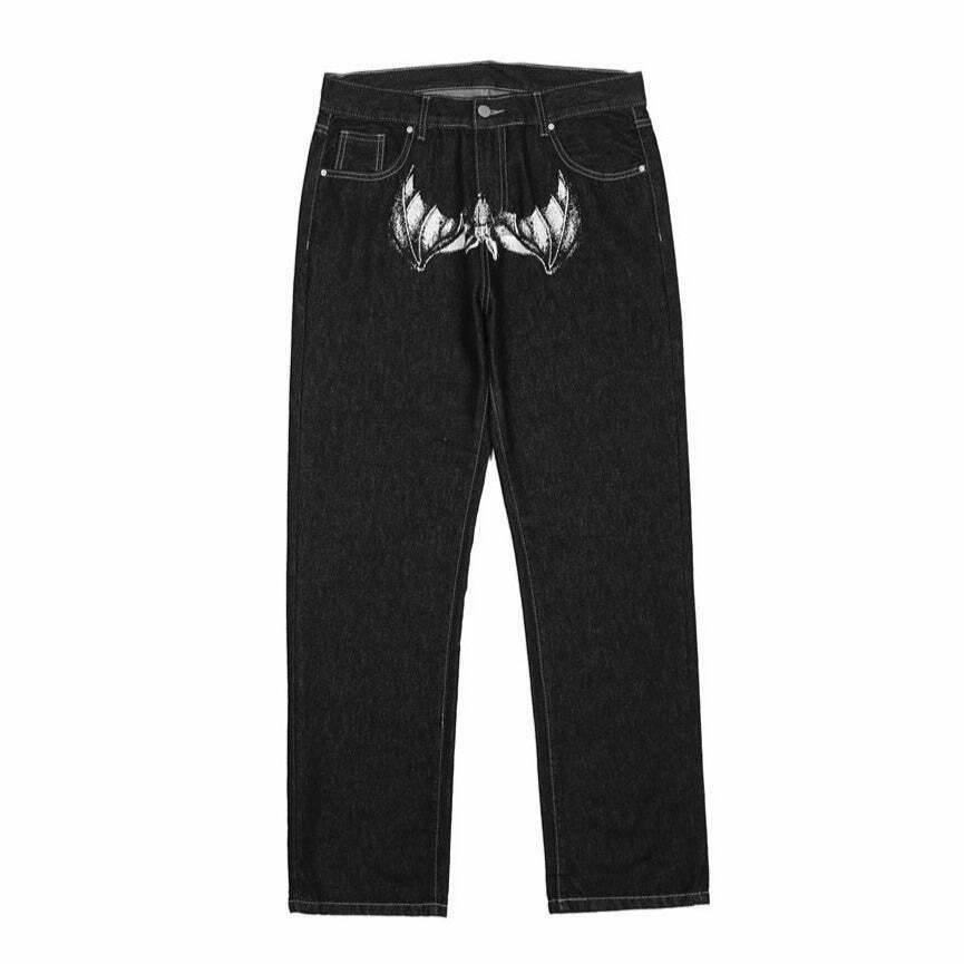 Y2K Horror Print Wide Leg Jeans - Coquette Aesthetic Grunge Fashion Y2K Horror Print Wide Leg Jeans - Coquette Aesthetic Grunge Fashion