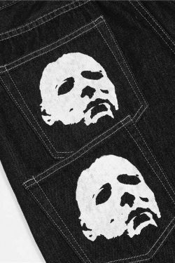 Y2K Horror Print Wide Leg Jeans - Coquette Aesthetic Grunge Fashion