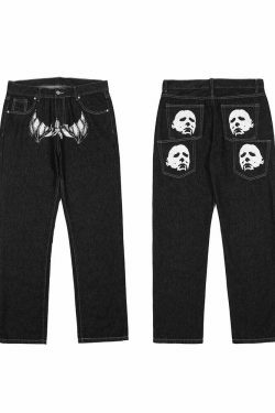 Y2K Horror Print Wide Leg Jeans - Coquette Aesthetic Grunge Fashion