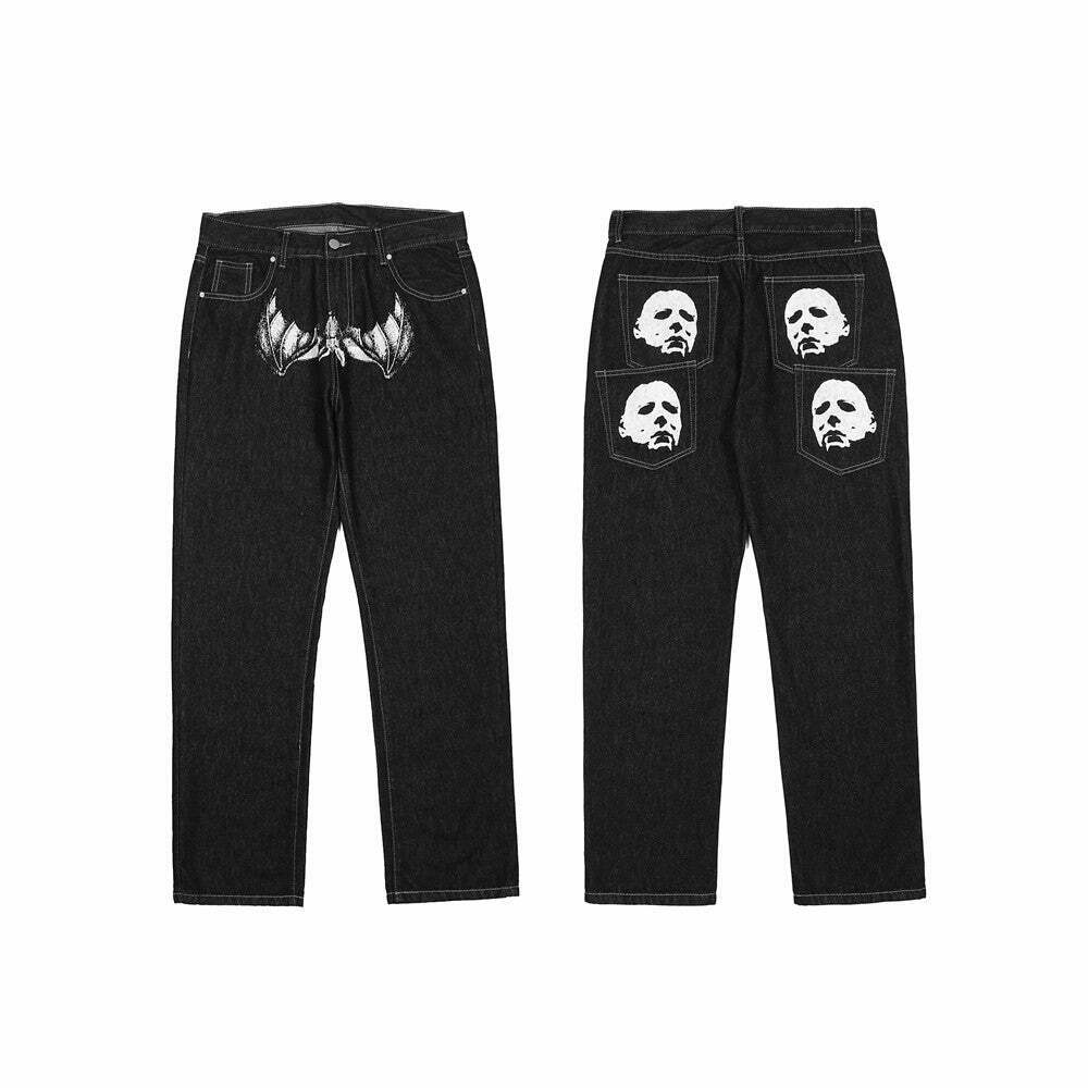 Y2K Horror Print Wide Leg Jeans - Coquette Aesthetic Grunge Fashion Y2K Horror Print Wide Leg Jeans - Coquette Aesthetic Grunge Fashion