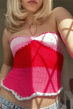 Y2K Knit Contrast Color Slim Bandeau Top - Coquette Aesthetic Grunge Style Cute Tops & Cargo Skirt