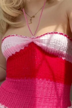 Y2K Knit Contrast Color Slim Bandeau Top - Coquette Aesthetic Grunge Style Cute Tops & Cargo Skirt