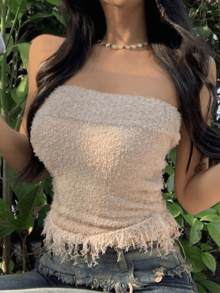 Y2K Knit Tassel Bandeau Top for Women - Coquette Aesthetic, Grunge Style, Cute Pastel Goth Outfit Y2K Knit Tassel Bandeau Top for Women - Coquette Aesthetic, Grunge Style, Cute Pastel Goth Outfit
