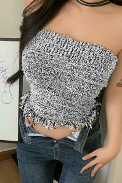 Y2K Knit Tassel Bandeau Top for Women - Coquette Aesthetic, Grunge Style, Cute Pastel Goth Outfit