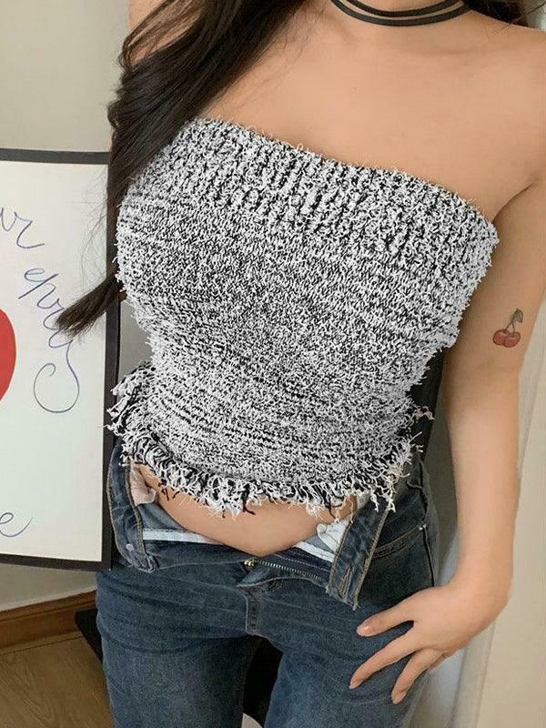 Y2K Knit Tassel Bandeau Top for Women - Coquette Aesthetic, Grunge Style, Cute Pastel Goth Outfit Y2K Knit Tassel Bandeau Top for Women - Coquette Aesthetic, Grunge Style, Cute Pastel Goth Outfit