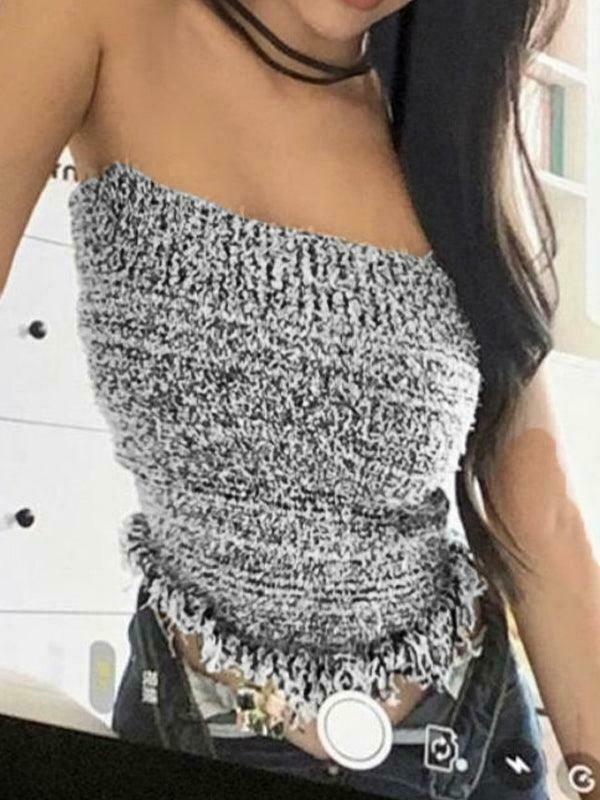 Y2K Knit Tassel Bandeau Top for Women - Coquette Aesthetic, Grunge Style, Cute Pastel Goth Outfit Y2K Knit Tassel Bandeau Top for Women - Coquette Aesthetic, Grunge Style, Cute Pastel Goth Outfit
