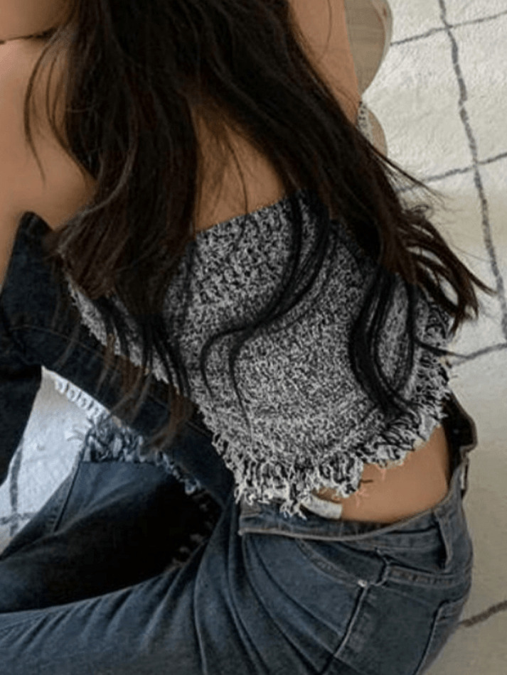 Y2K Knit Tassel Bandeau Top for Women - Coquette Aesthetic, Grunge Style, Cute Pastel Goth Outfit Y2K Knit Tassel Bandeau Top for Women - Coquette Aesthetic, Grunge Style, Cute Pastel Goth Outfit