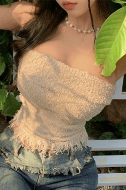 Y2K Knit Tassel Bandeau Top for Women - Coquette Aesthetic, Grunge Style, Cute Pastel Goth Outfit