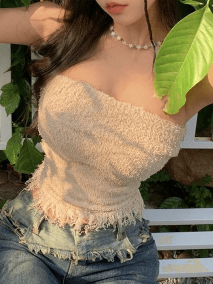 Y2K Knit Tassel Bandeau Top for Women - Coquette Aesthetic, Grunge Style, Cute Pastel Goth Outfit Y2K Knit Tassel Bandeau Top for Women - Coquette Aesthetic, Grunge Style, Cute Pastel Goth Outfit