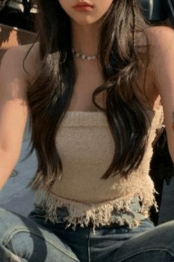 Y2K Knit Tassel Bandeau Top for Women - Coquette Aesthetic, Grunge Style, Cute Pastel Goth Outfit