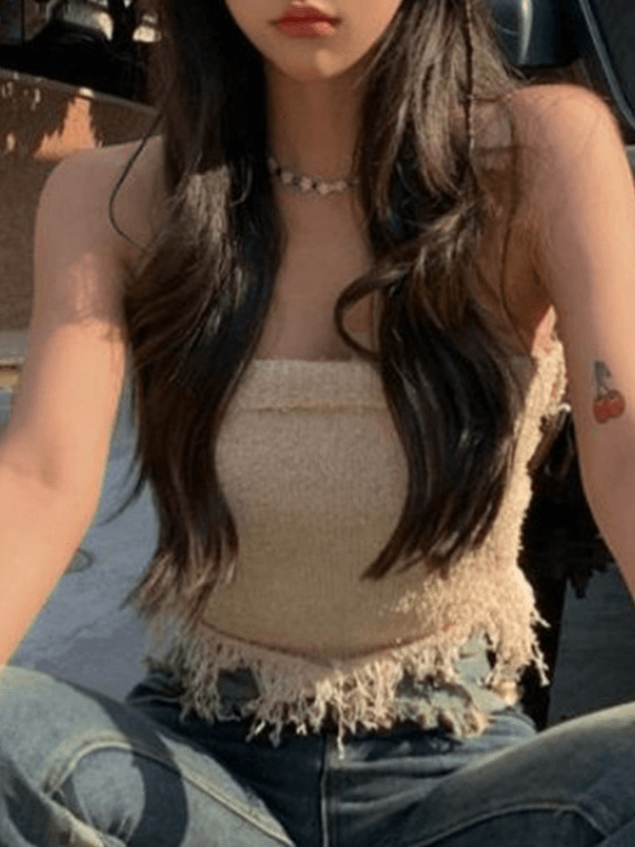 Y2K Knit Tassel Bandeau Top for Women - Coquette Aesthetic, Grunge Style, Cute Pastel Goth Outfit Y2K Knit Tassel Bandeau Top for Women - Coquette Aesthetic, Grunge Style, Cute Pastel Goth Outfit