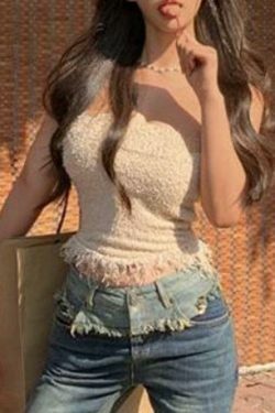 Y2K Knit Tassel Bandeau Top for Women - Coquette Aesthetic, Grunge Style, Cute Pastel Goth Outfit